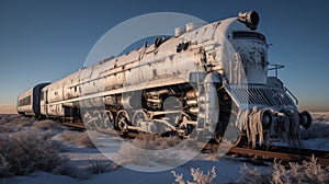 title. close-up view of the intricate details of an old steam locomotive in a snow-covered forest under soft winter light