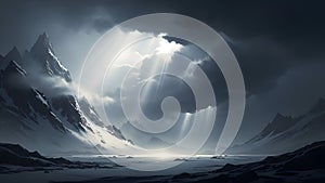 Title: Dramatic mountain landscape with rays of sunlight breaking through dark clouds