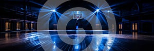 Title enchanting and majestic basketball court illuminated in the darkness of an empty arena