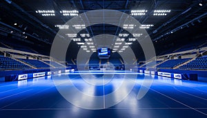 Title enchanting and mystical basketball court glowing radiantly in a vast and darkened arena