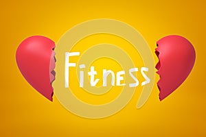 Title Fitness between 3d close-up rendering of two parts of broken heart on yellow background.