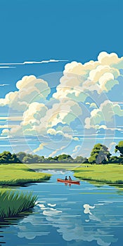 Title: Flat Vector Art Of Kayak Bass Fishing Tourney On Savanna River