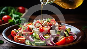 Title fresh greek salad with vegetables and feta cheese being drizzled with olive oil