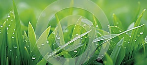 Title fresh spring raindrops glistening on lush green grass blades in nature