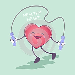 Title. heart. Healthy lifestyle. Pretty heart is jumping rope. Vector illustration. Emergency cardiology cartoon strong an