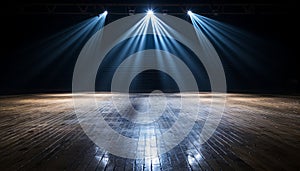 The title for the image could be eerie glow on an empty basketball court in a dark arena