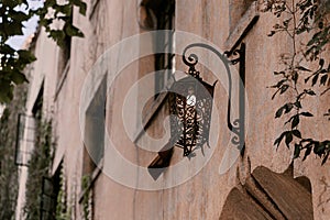 Title: Ivy on the wall of the house. Autumn leaves ivy on the vintage windows. Red, yellow and green leaves