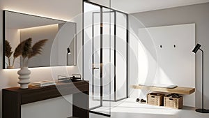 Title: Long corridor with wooden slats and natural light (161