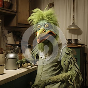 Muppet metaphorical green color chicken, making something in kitchen