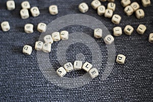 Title Smile word on a grey fabric background