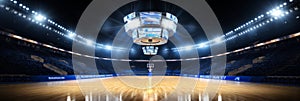 Title surreal beauty of illuminated empty professional basketball court in vast arena