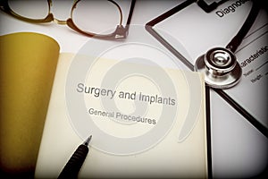 Titled book Surgery and implants general procedures along with medical equipment