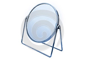 Titling circular hinged chrome framed vanity mirror for makeup or shaving etc on white background