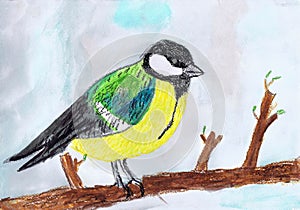 Titmouse on a branch. Children`s drawing