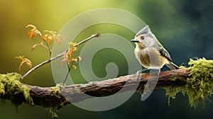 Titmouse On Wood Branch: Caras Ionut Style, Green Background, Uhd Image photo