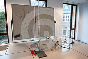 Titration setup in a chemistry classroom