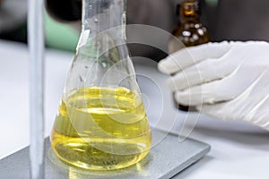 Titration technique in the laboratory.