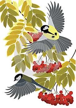 Tits fly among the branches