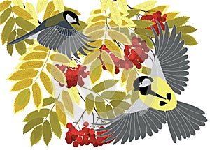 Tits fly among the branches