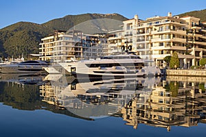 View of Porto Montenegro in Tivat city - full service yacht marina in Adriatic. Montenegro