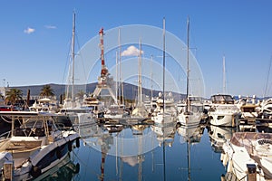Tivat city, Montenegro. February 16 2020. View of yacht marina of Porto Montenegro on sunny winter day