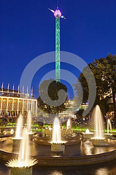 Tivoli amusement park in Copenhagen. Star flyer by night