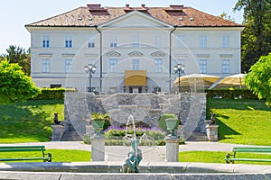 The Tivoli Castle mansion with its Baroque fountain at the Tivoli City Park in Ljubljana, Slovenia