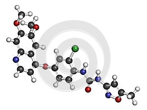 Tivozanib cancer drug molecule. 3D rendering. Atoms are represented as spheres with conventional color coding: hydrogen white,.