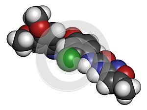 Tivozanib cancer drug molecule. 3D rendering. Atoms are represented as spheres with conventional color coding: hydrogen white,.