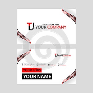 The TJ logo on the red black business card with a modern design is horizontal and clean. and transparent decoration on the edges.