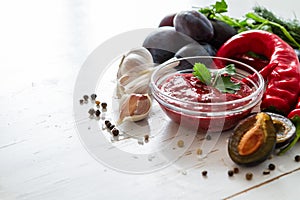 Tkemali sauce and ingredients