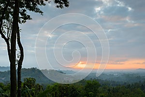 TLandscape of forest and sunrise looking at Borobudur temple