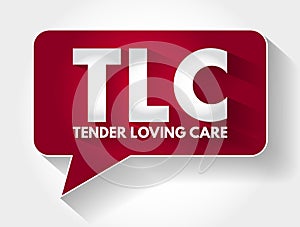 TLC - Tender Loving Care acronym message bubble, concept background