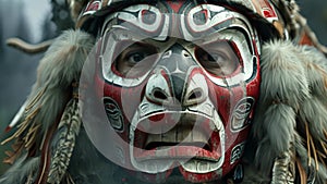 A Tlingit warrior wears a mask representing a powerful spirit instilling fear and respect in his opponents