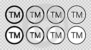 TM icon. Set of tm icons. Trademark symbols. Line trade marks. Signs of copyright. Logo for patent and trademark isolated on