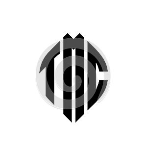 TMC circle letter logo design with circle and ellipse shape. TMC ellipse letters with typographic style. The three initials form a