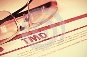 TMD - Printed Diagnosis on Red Background. 3D Illustration.