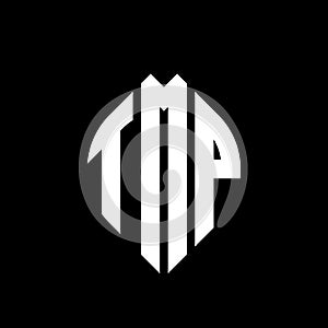 TMP circle letter logo design with circle and ellipse shape. TMP ellipse letters with typographic style. The three initials form a photo