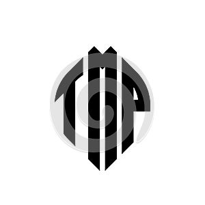 TMP circle letter logo design with circle and ellipse shape. TMP ellipse letters with typographic style. The three initials form a photo