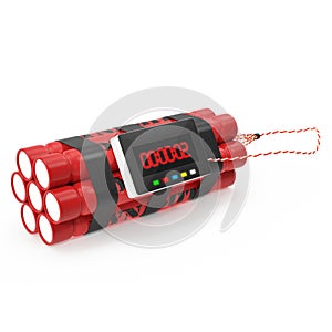 TNT dynamite red bomb with a timer isolated on a white background.