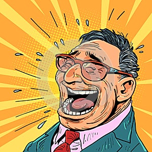 To bring joy to people through a service or product. The person is in a good mood. Business man in glasses laughs