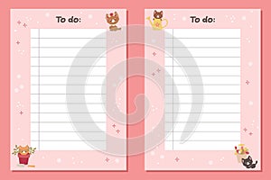 To do checklist with cute cartoon kittens. Planner template. Kids friendly stationery.