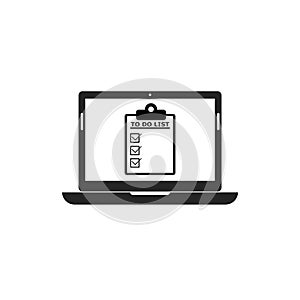 To do list, Check list document on laptop icon, computer with paper check list and to do list