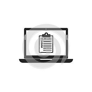 To do list, Check list document on laptop icon, computer with paper check list and to do list