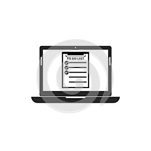 To do list, Check list document on laptop icon, computer with paper check list and to do list
