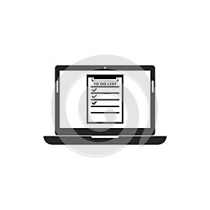 To do list, Check list document on laptop icon, computer with paper check list and to do list