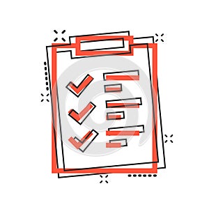 To do list icon in comic style. Document checklist cartoon vector illustration on white isolated background. Notepad check mark