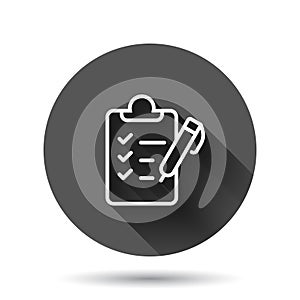 To do list icon in flat style. Document checklist vector illustration on black round background with long shadow effect. Notepad