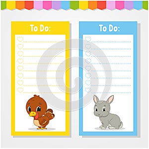 To do list for kids. Empty template. Isolated color vector illustration. Funny character. Cartoon style. For the diary, notebook,
