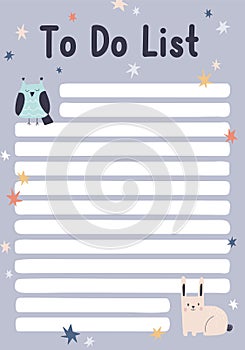 To-do list page design in Scandinavian style. Todo, plan paper template with cute animals and stars decoration. Blank photo